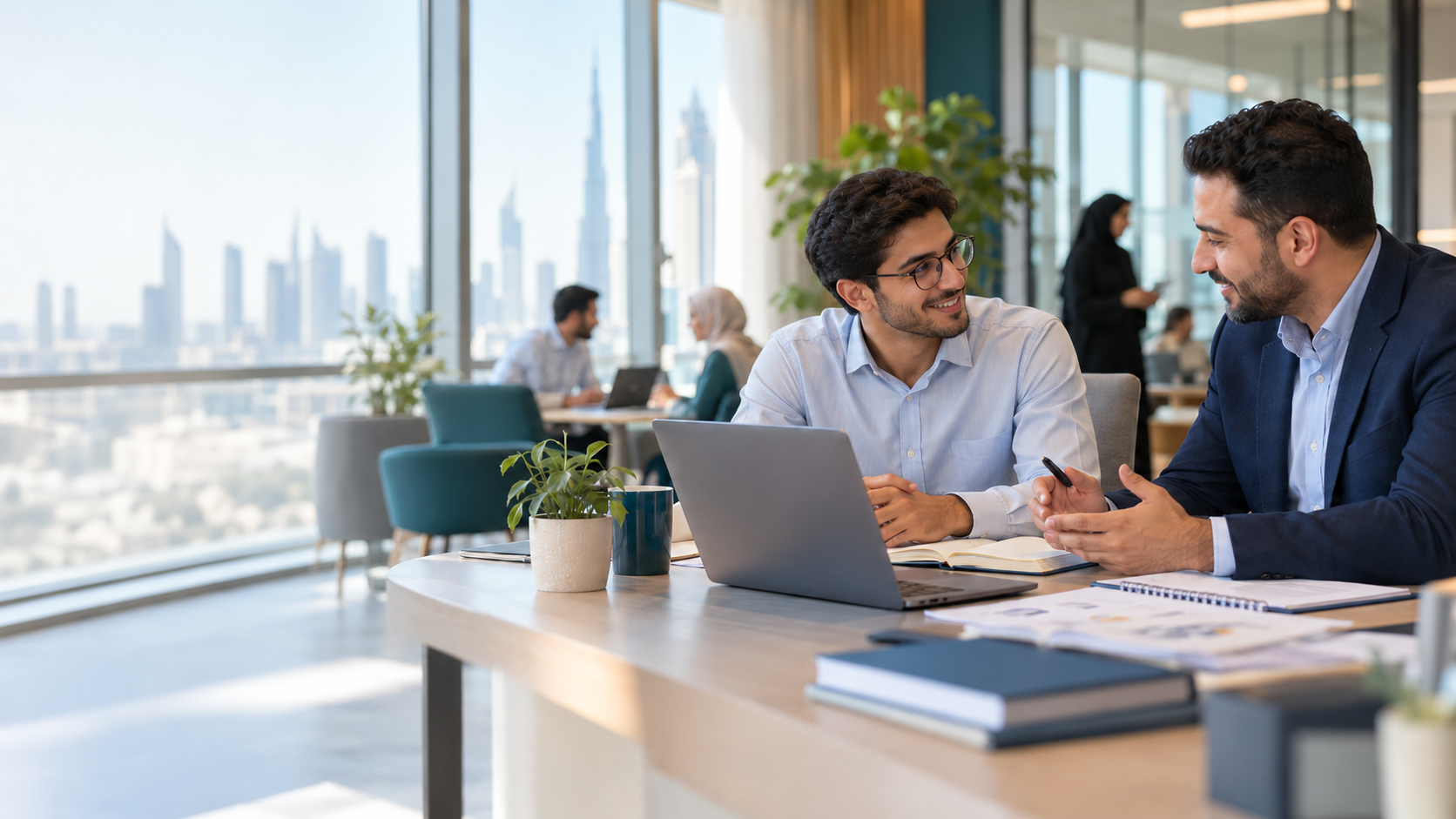Manager and new employee reviewing an onboarding plan together in a modern office.